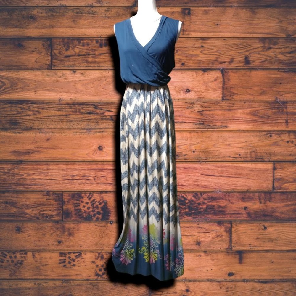 Navy Wrap Top Maxi Dress w/Chevron Print